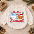 Tis the Season Milk and Cookies Baby Romper, Cute Christmas Cookie Romper, Toddler Holiday Outfit, Xmas Baking Gift — product view 1