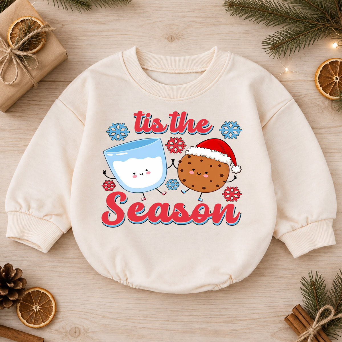Tis the Season Milk and Cookies Baby Romper, Cute Christmas Cookie Romper, Toddler Holiday Outfit, Xmas Baking Gift — product view 1