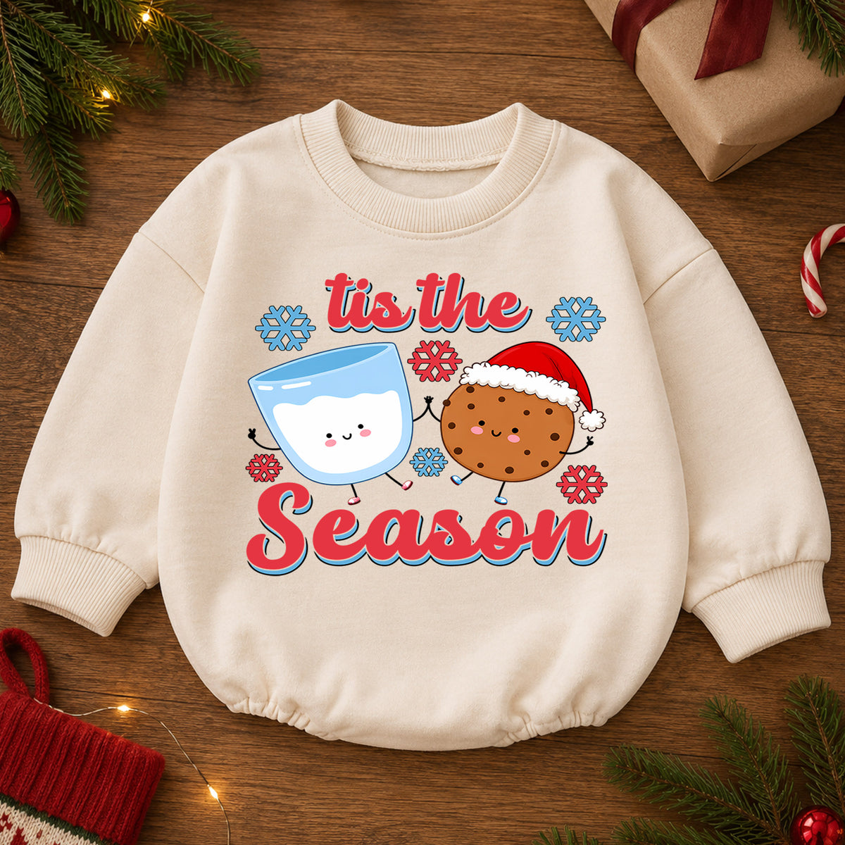 Tis the Season Milk and Cookies Baby Romper, Cute Christmas Cookie Romper, Toddler Holiday Outfit, Xmas Baking Gift — product view 2