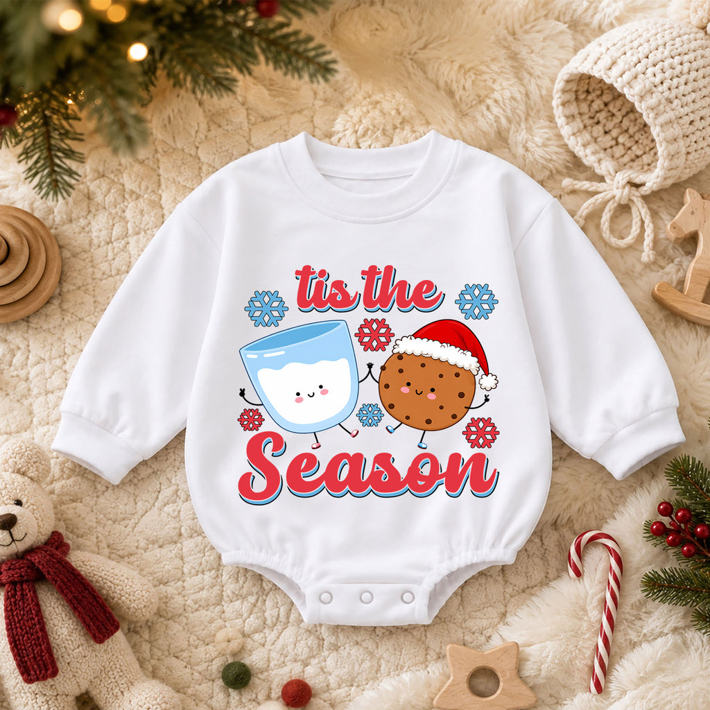 Tis the Season Milk and Cookies Baby Romper, Cute Christmas Cookie Romper, Toddler Holiday Outfit, Xmas Baking Gift — product view 3