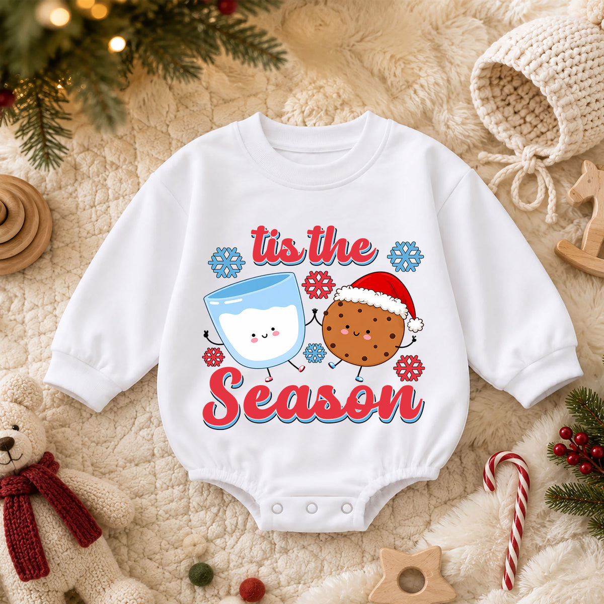 Tis the Season Milk and Cookies Baby Romper, Cute Christmas Cookie Romper, Toddler Holiday Outfit, Xmas Baking Gift — product view 3