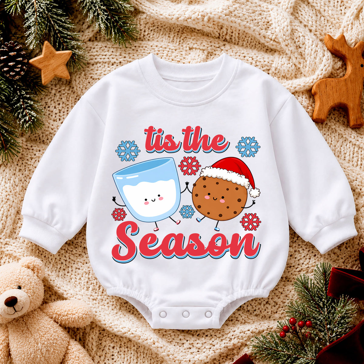 Tis the Season Milk and Cookies Baby Romper, Cute Christmas Cookie Romper, Toddler Holiday Outfit, Xmas Baking Gift — product view 4
