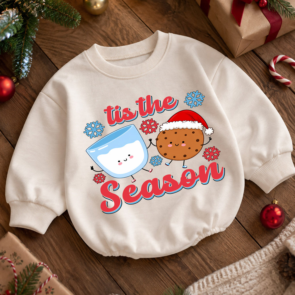 Tis the Season Milk and Cookies Baby Romper, Cute Christmas Cookie Romper, Toddler Holiday Outfit, Xmas Baking Gift — product view 5
