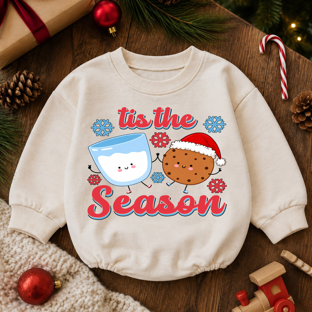 Tis the Season Milk and Cookies Baby Romper, Cute Christmas Cookie Romper, Toddler Holiday Outfit, Xmas Baking Gift — product view 6