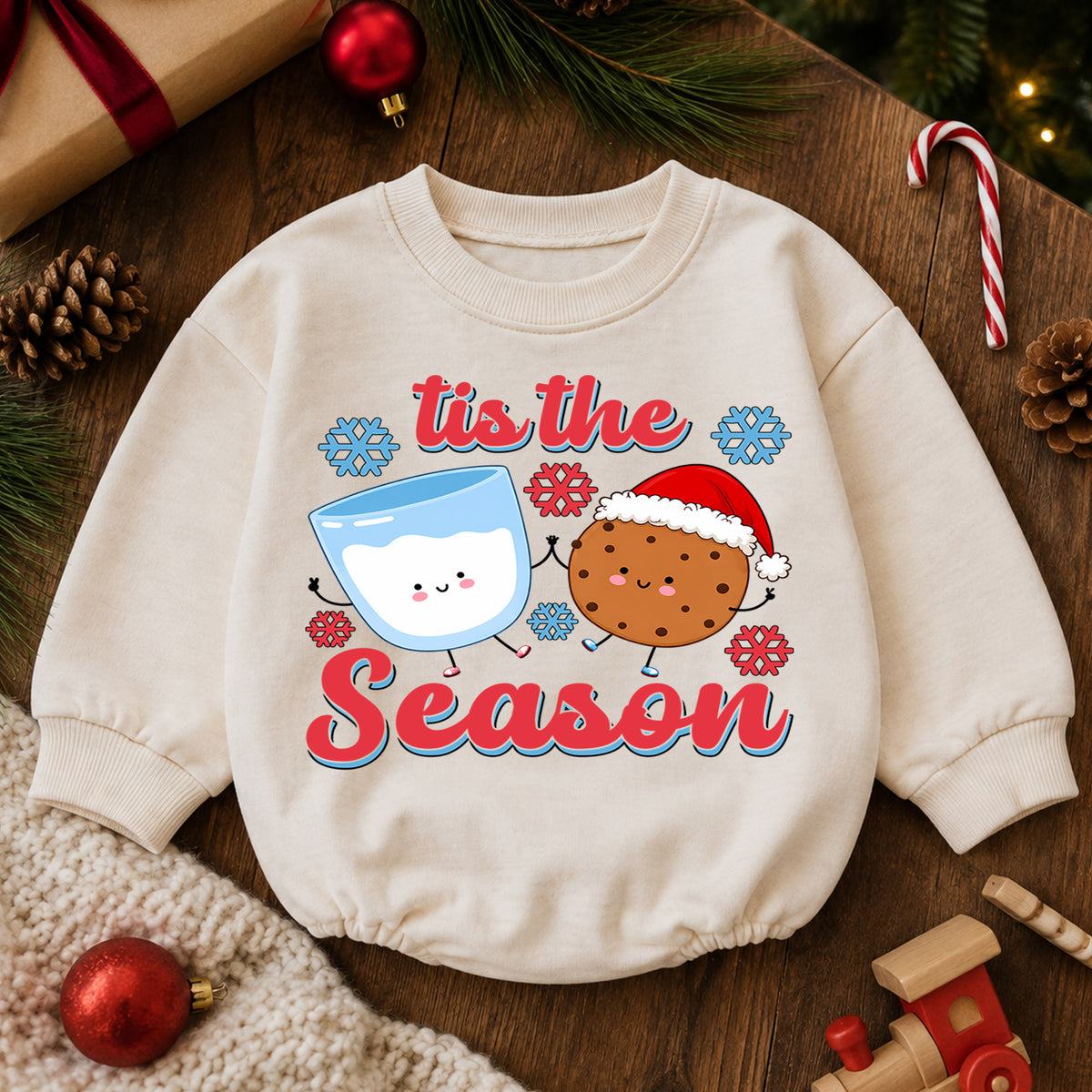 Tis the Season Milk and Cookies Baby Romper, Cute Christmas Cookie Romper, Toddler Holiday Outfit, Xmas Baking Gift — product view 6