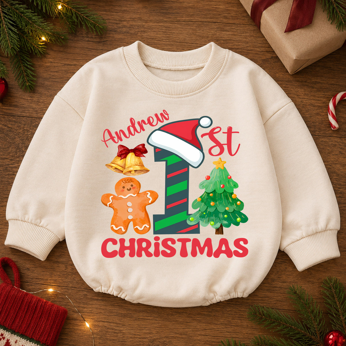 Custom 1st Christmas Birthday Romper, Personalized Name Number One Gingerbread Tree Outfit, My First Birthday Holiday Keepsake Gift — product view 2