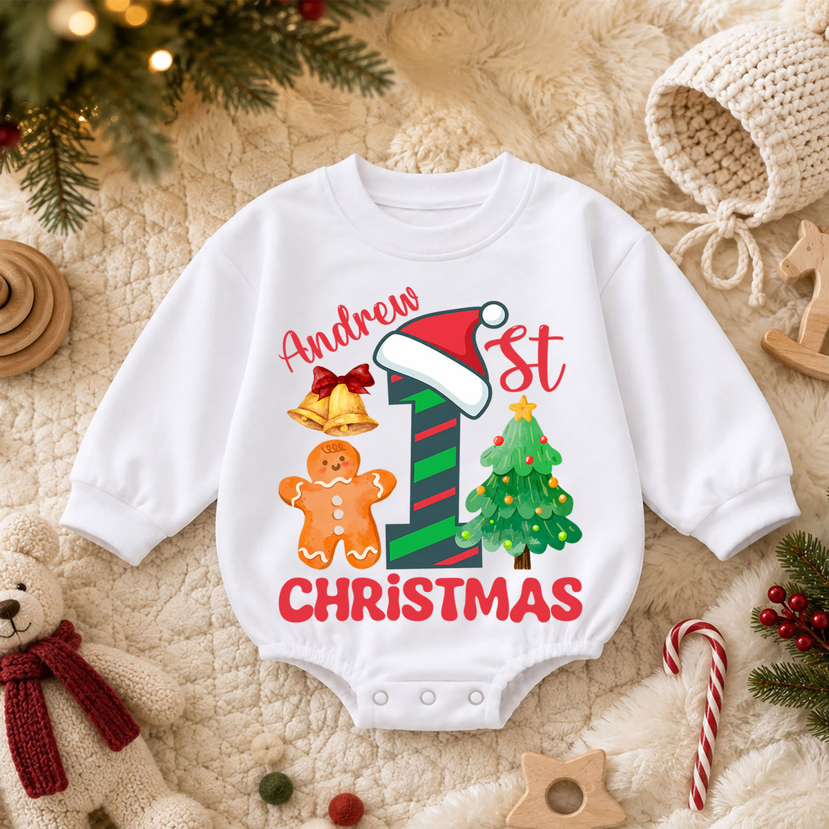 Custom 1st Christmas Birthday Romper, Personalized Name Number One Gingerbread Tree Outfit, My First Birthday Holiday Keepsake Gift — product view 3