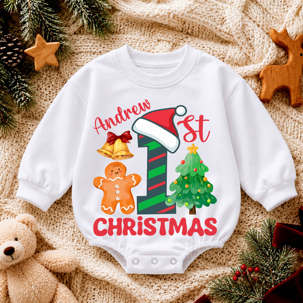 Custom 1st Christmas Birthday Romper, Personalized Name Number One Gingerbread Tree Outfit, My First Birthday Holiday Keepsake Gift — product view 4