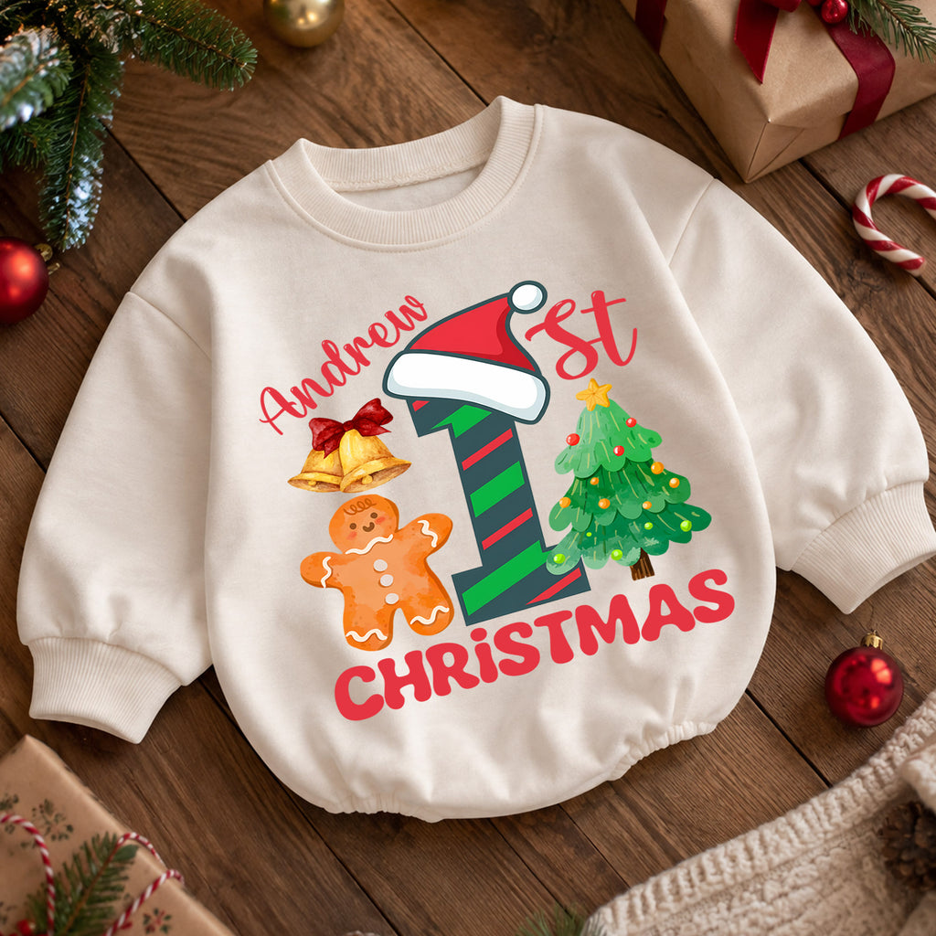Custom 1st Christmas Birthday Romper, Personalized Name Number One Gingerbread Tree Outfit, My First Birthday Holiday Keepsake Gift — product view 5