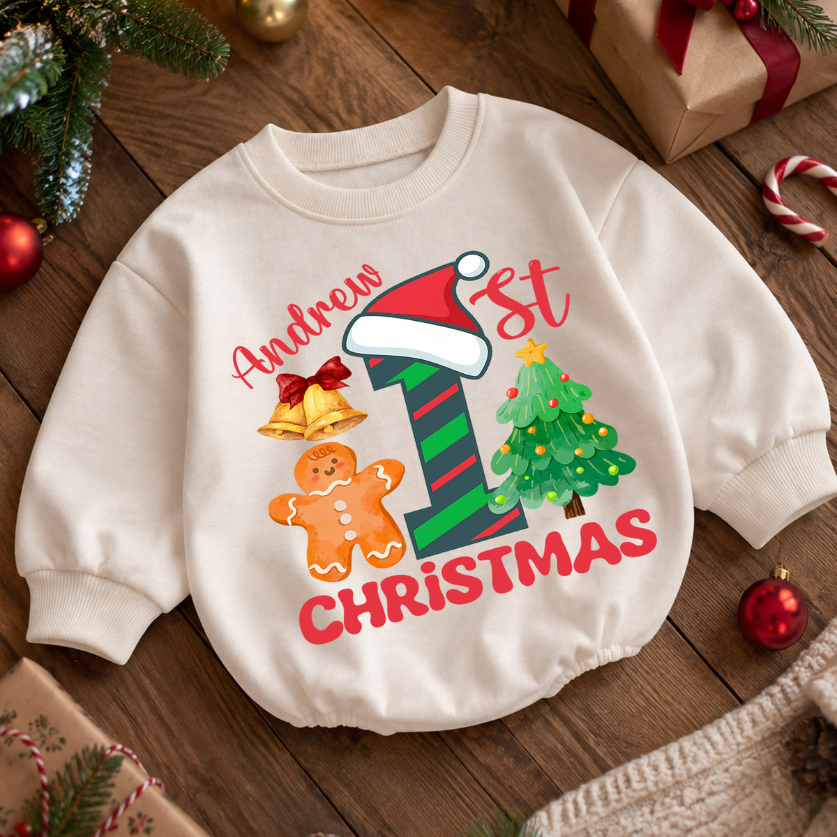 Custom 1st Christmas Birthday Romper, Personalized Name Number One Gingerbread Tree Outfit, My First Birthday Holiday Keepsake Gift — product view 5