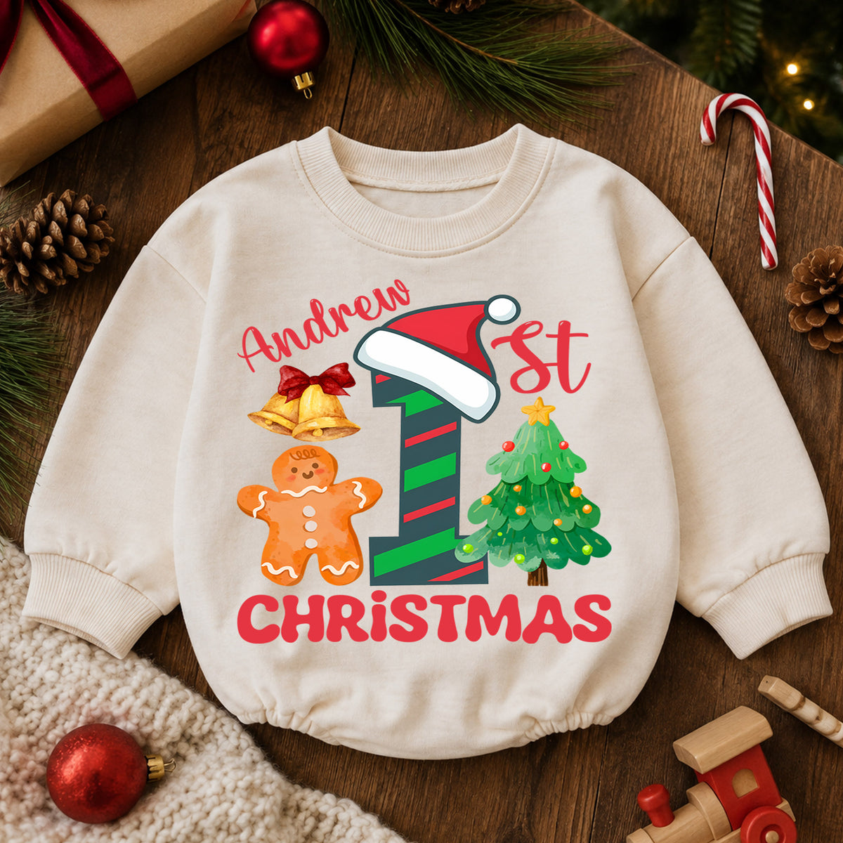 Custom 1st Christmas Birthday Romper, Personalized Name Number One Gingerbread Tree Outfit, My First Birthday Holiday Keepsake Gift — product view 6