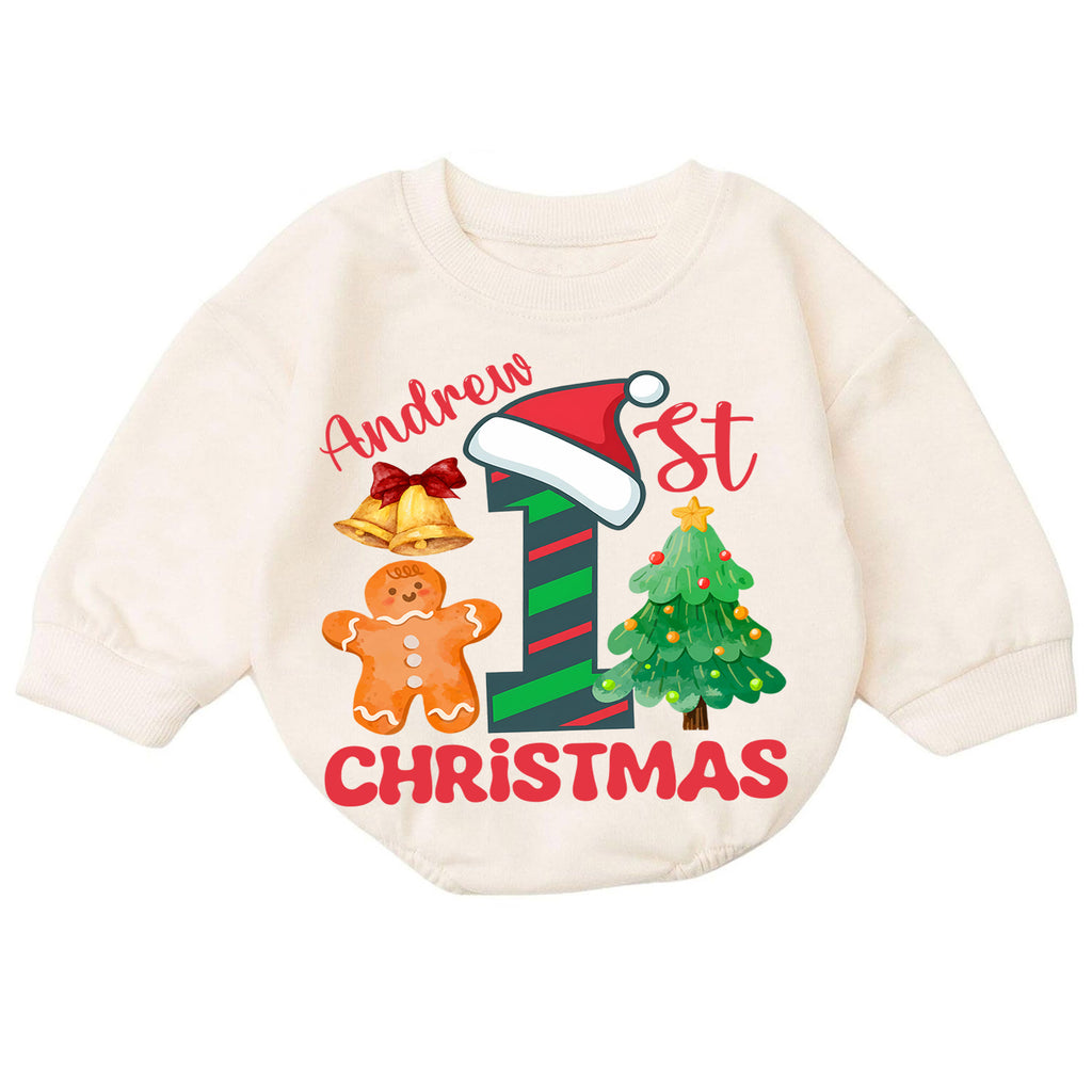 Custom 1st Christmas Birthday Romper, Personalized Name Number One Gingerbread Tree Outfit, My First Birthday Holiday Keepsake Gift — product view 7