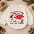Festive Goose On the Loose Baby Romper, Funny Goose Christmas Romper, Toddler Holiday Outfit, Silly Xmas Gift for Baby — product view 1
