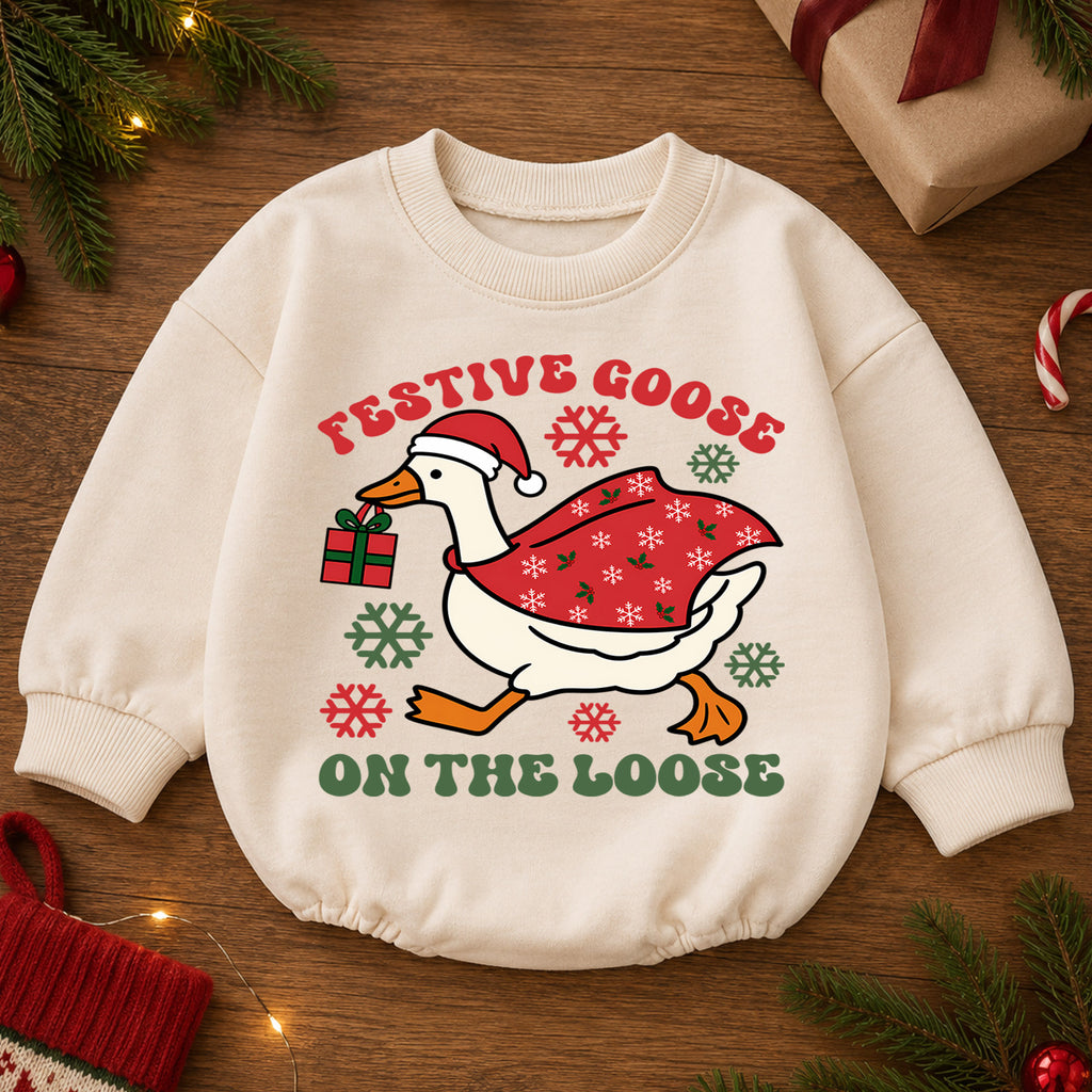 Festive Goose On the Loose Baby Romper, Funny Goose Christmas Romper, Toddler Holiday Outfit, Silly Xmas Gift for Baby — product view 2