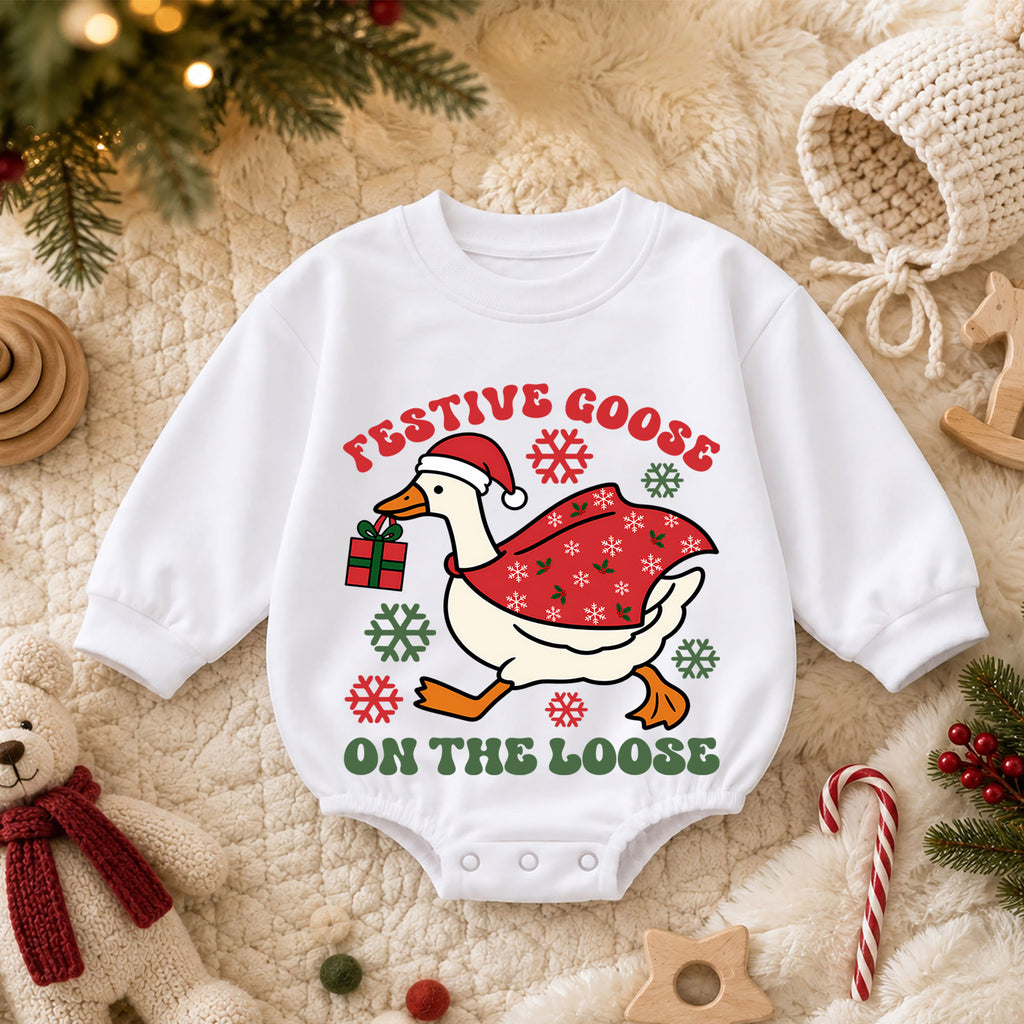 Festive Goose On the Loose Baby Romper, Funny Goose Christmas Romper, Toddler Holiday Outfit, Silly Xmas Gift for Baby — product view 3