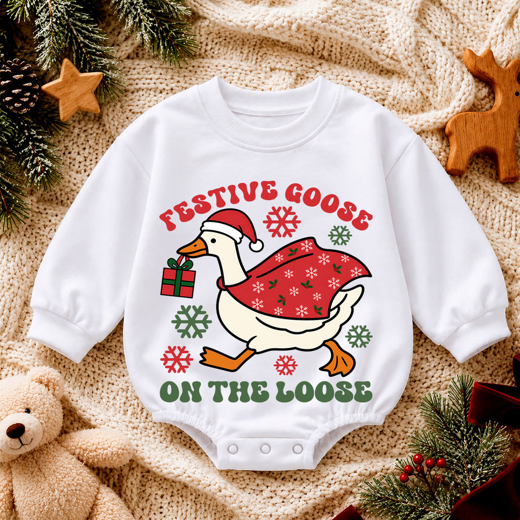 Festive Goose On the Loose Baby Romper, Funny Goose Christmas Romper, Toddler Holiday Outfit, Silly Xmas Gift for Baby — product view 4