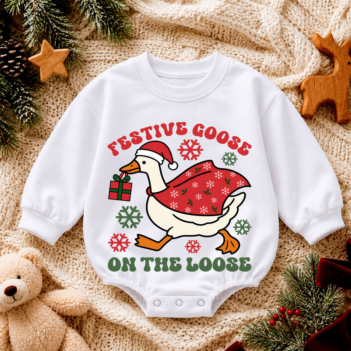 Festive Goose On the Loose Baby Romper, Funny Goose Christmas Romper, Toddler Holiday Outfit, Silly Xmas Gift for Baby — product view 4