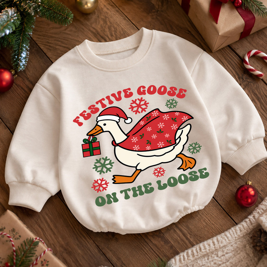 Festive Goose On the Loose Baby Romper, Funny Goose Christmas Romper, Toddler Holiday Outfit, Silly Xmas Gift for Baby — product view 5