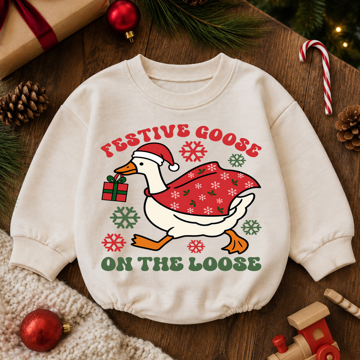 Festive Goose On the Loose Baby Romper, Funny Goose Christmas Romper, Toddler Holiday Outfit, Silly Xmas Gift for Baby — product view 6