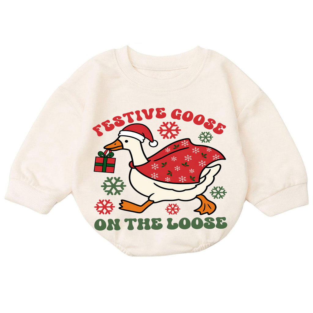 Festive Goose On the Loose Baby Romper, Funny Goose Christmas Romper, Toddler Holiday Outfit, Silly Xmas Gift for Baby — product view 7