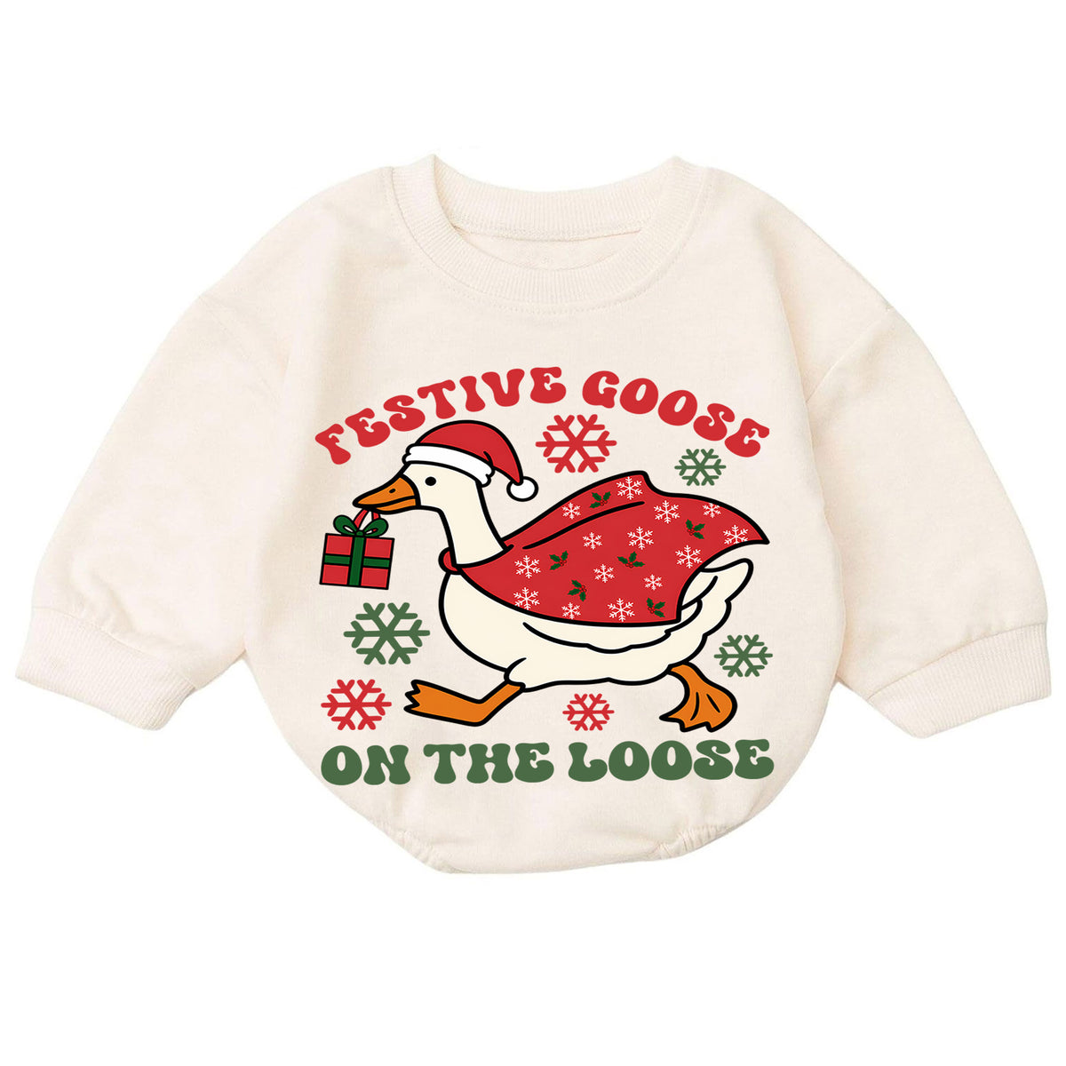 Festive Goose On the Loose Baby Romper, Funny Goose Christmas Romper, Toddler Holiday Outfit, Silly Xmas Gift for Baby — product view 7