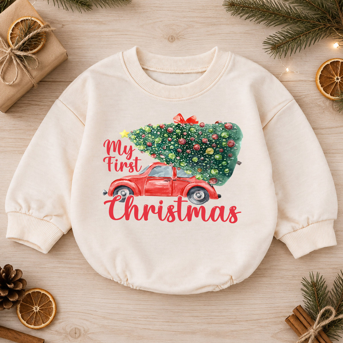 My First Christmas Baby Romper, Vintage Christmas Car Outfit, Christmas Tree Baby Romper, Toddler Holiday Outfit, Xmas Gift — product view 1