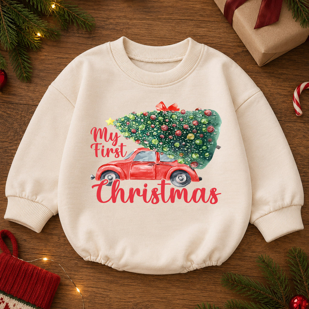 My First Christmas Baby Romper, Vintage Christmas Car Outfit, Christmas Tree Baby Romper, Toddler Holiday Outfit, Xmas Gift — product view 2