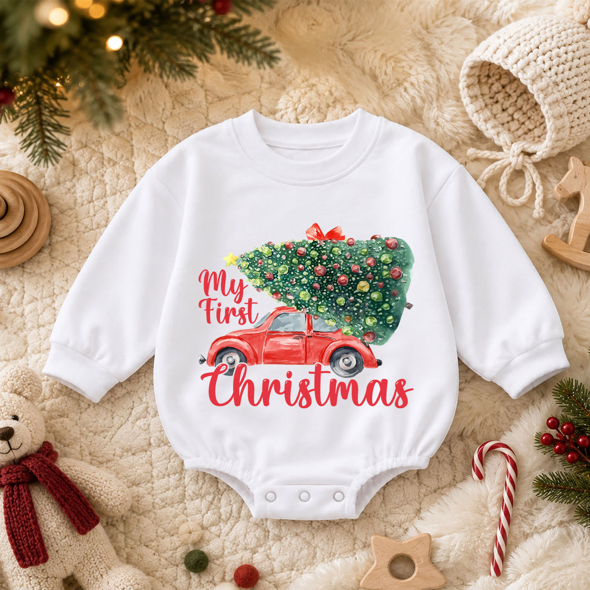 My First Christmas Baby Romper, Vintage Christmas Car Outfit, Christmas Tree Baby Romper, Toddler Holiday Outfit, Xmas Gift — product view 3