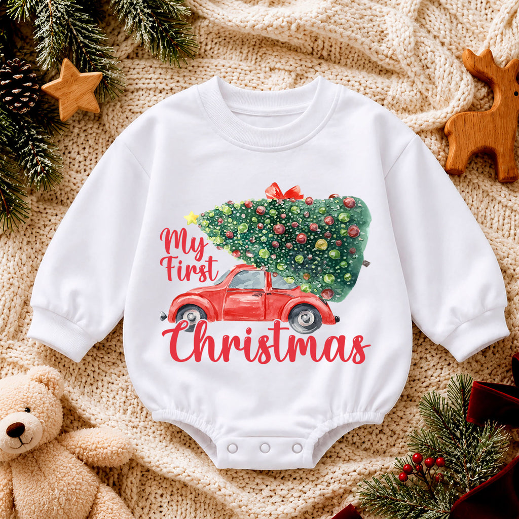 My First Christmas Baby Romper, Vintage Christmas Car Outfit, Christmas Tree Baby Romper, Toddler Holiday Outfit, Xmas Gift — product view 4