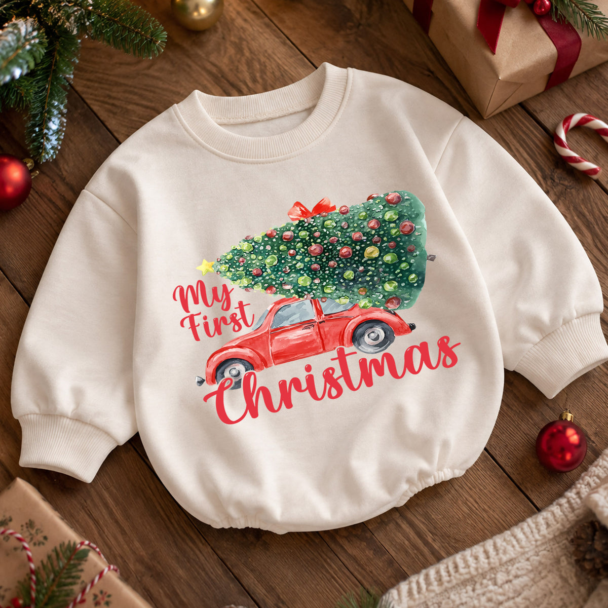 My First Christmas Baby Romper, Vintage Christmas Car Outfit, Christmas Tree Baby Romper, Toddler Holiday Outfit, Xmas Gift — product view 5