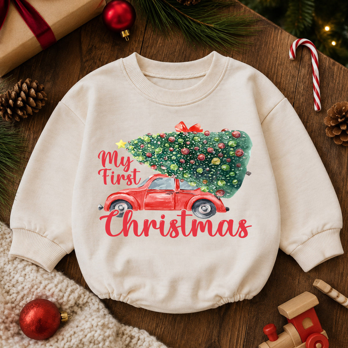 My First Christmas Baby Romper, Vintage Christmas Car Outfit, Christmas Tree Baby Romper, Toddler Holiday Outfit, Xmas Gift — product view 6
