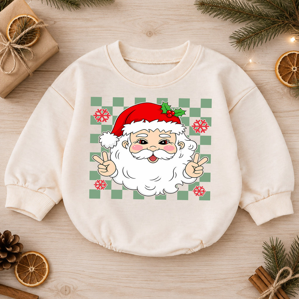 Peace Santa Christmas Baby Romper, Cute Santa Checkerboard Romper, Retro Toddler Holiday Outfit, Funny Xmas Gift for Baby — product view 1