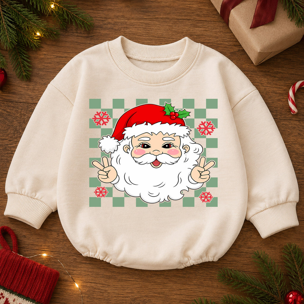 Peace Santa Christmas Baby Romper, Cute Santa Checkerboard Romper, Retro Toddler Holiday Outfit, Funny Xmas Gift for Baby — product view 2