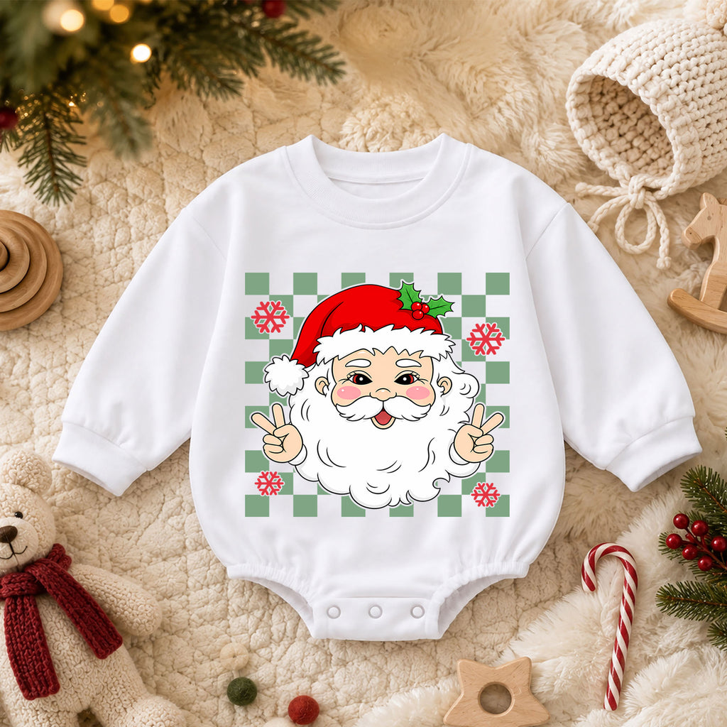 Peace Santa Christmas Baby Romper, Cute Santa Checkerboard Romper, Retro Toddler Holiday Outfit, Funny Xmas Gift for Baby — product view 3