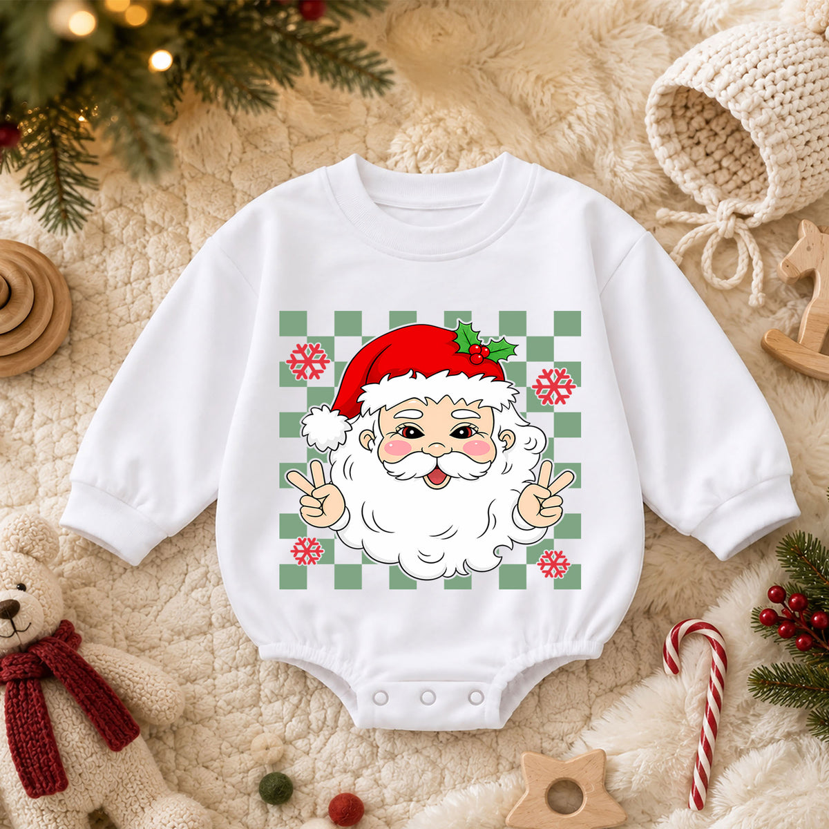 Peace Santa Christmas Baby Romper, Cute Santa Checkerboard Romper, Retro Toddler Holiday Outfit, Funny Xmas Gift for Baby — product view 3