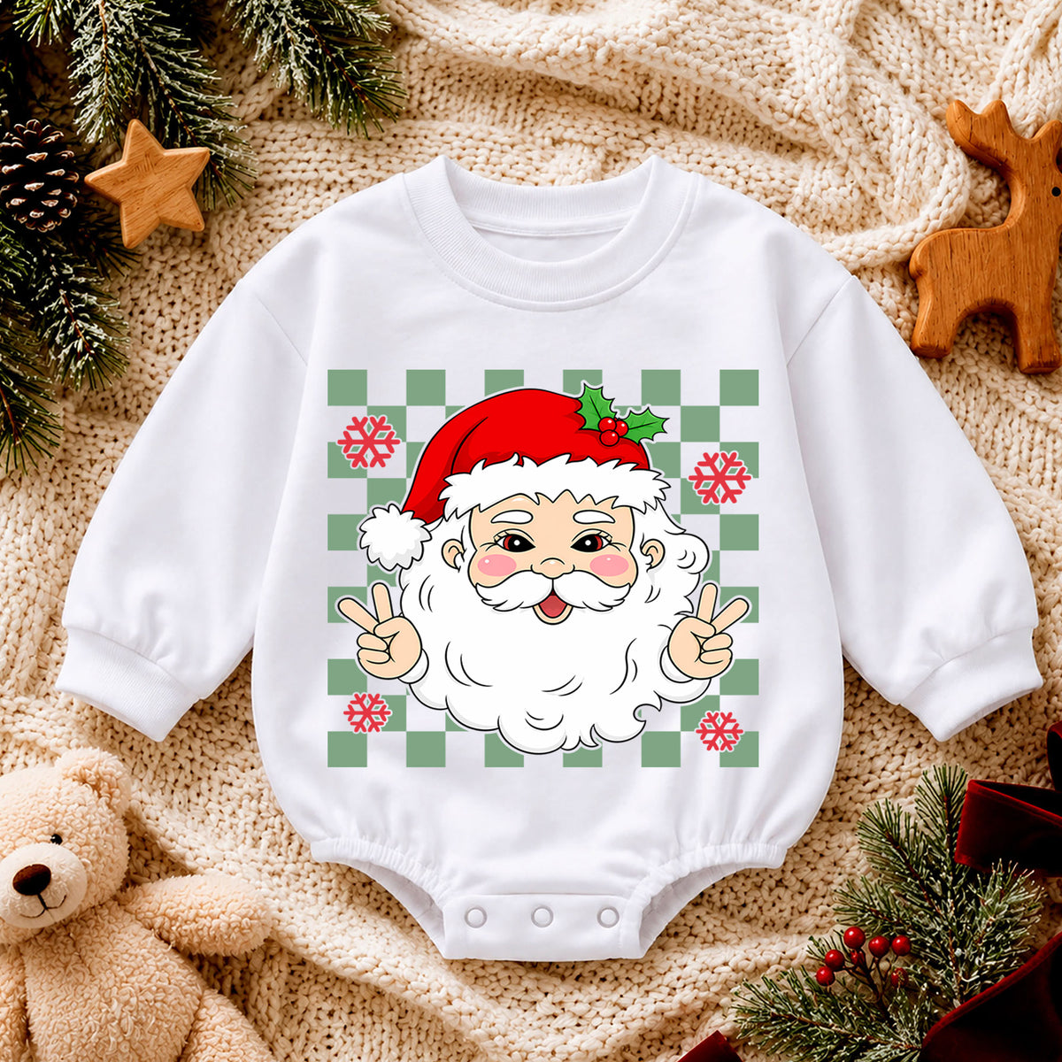 Peace Santa Christmas Baby Romper, Cute Santa Checkerboard Romper, Retro Toddler Holiday Outfit, Funny Xmas Gift for Baby — product view 4