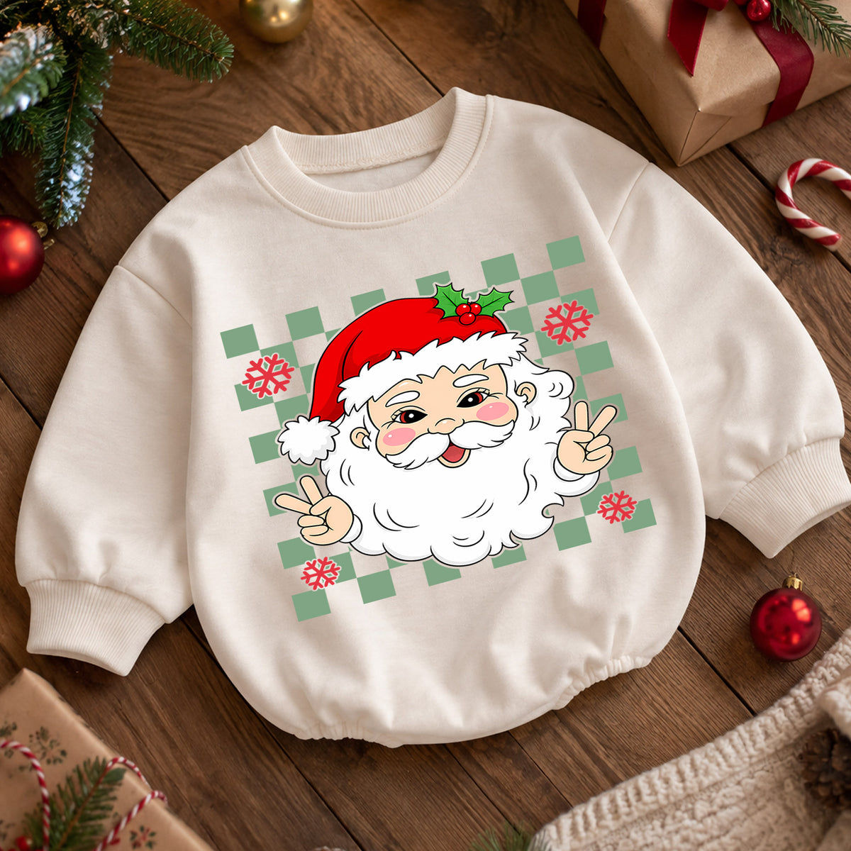 Peace Santa Christmas Baby Romper, Cute Santa Checkerboard Romper, Retro Toddler Holiday Outfit, Funny Xmas Gift for Baby — product view 5