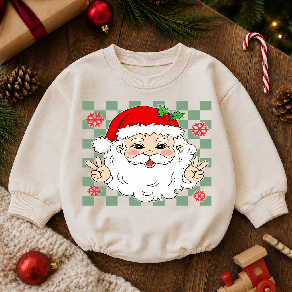 Peace Santa Christmas Baby Romper, Cute Santa Checkerboard Romper, Retro Toddler Holiday Outfit, Funny Xmas Gift for Baby — product view 6