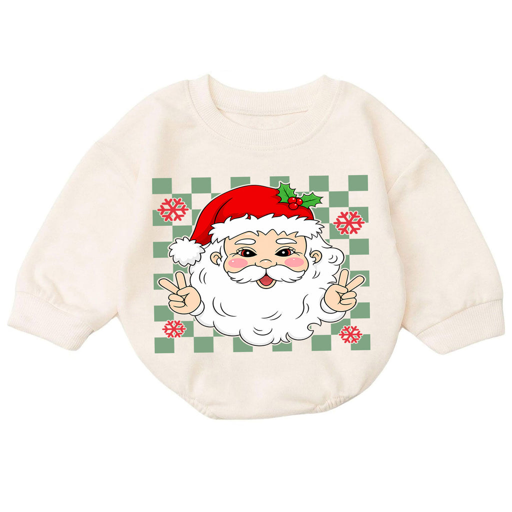 Peace Santa Christmas Baby Romper, Cute Santa Checkerboard Romper, Retro Toddler Holiday Outfit, Funny Xmas Gift for Baby — product view 7
