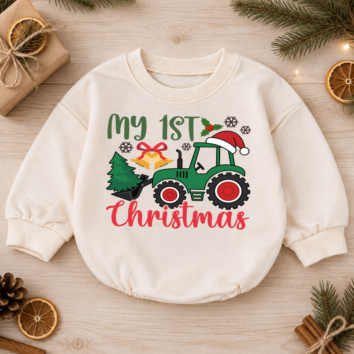 My 1st Christmas Tractor Romper, Farm Baby Christmas Outfit, First Christmas Romper for Boys, 1st Birthday Holiday Keepsake Gift — product view 1
