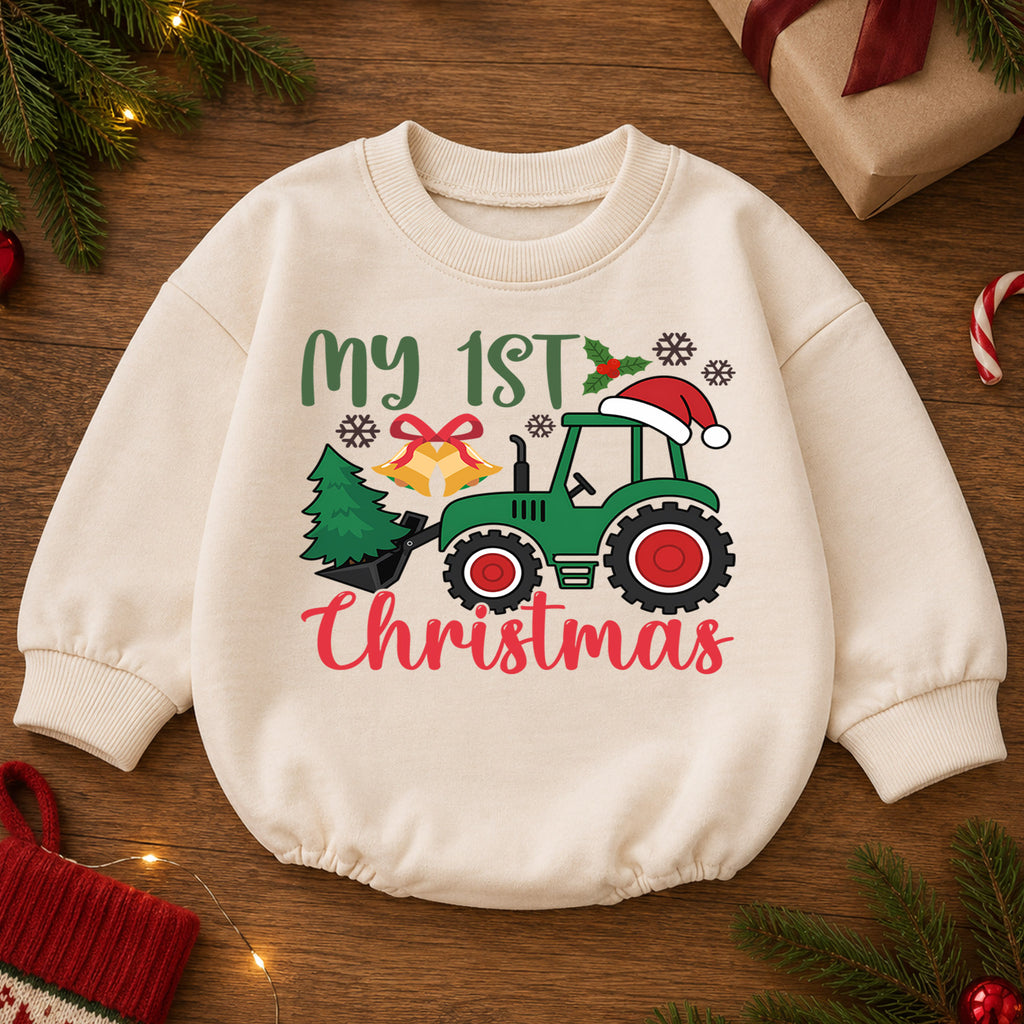 My 1st Christmas Tractor Romper, Farm Baby Christmas Outfit, First Christmas Romper for Boys, 1st Birthday Holiday Keepsake Gift — product view 2