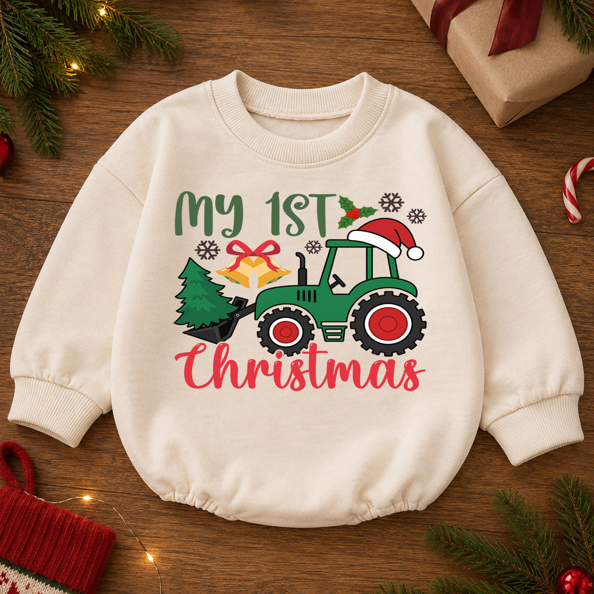 My 1st Christmas Tractor Romper, Farm Baby Christmas Outfit, First Christmas Romper for Boys, 1st Birthday Holiday Keepsake Gift — product view 2