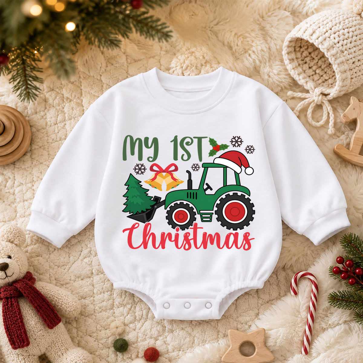 My 1st Christmas Tractor Romper, Farm Baby Christmas Outfit, First Christmas Romper for Boys, 1st Birthday Holiday Keepsake Gift — product view 3