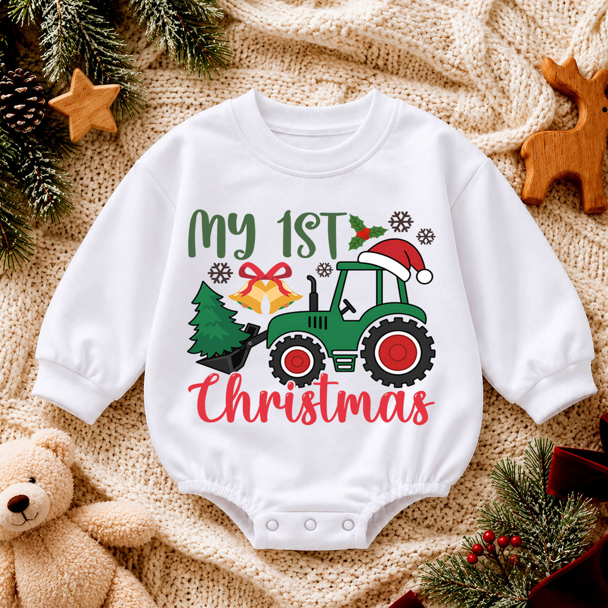 My 1st Christmas Tractor Romper, Farm Baby Christmas Outfit, First Christmas Romper for Boys, 1st Birthday Holiday Keepsake Gift — product view 4