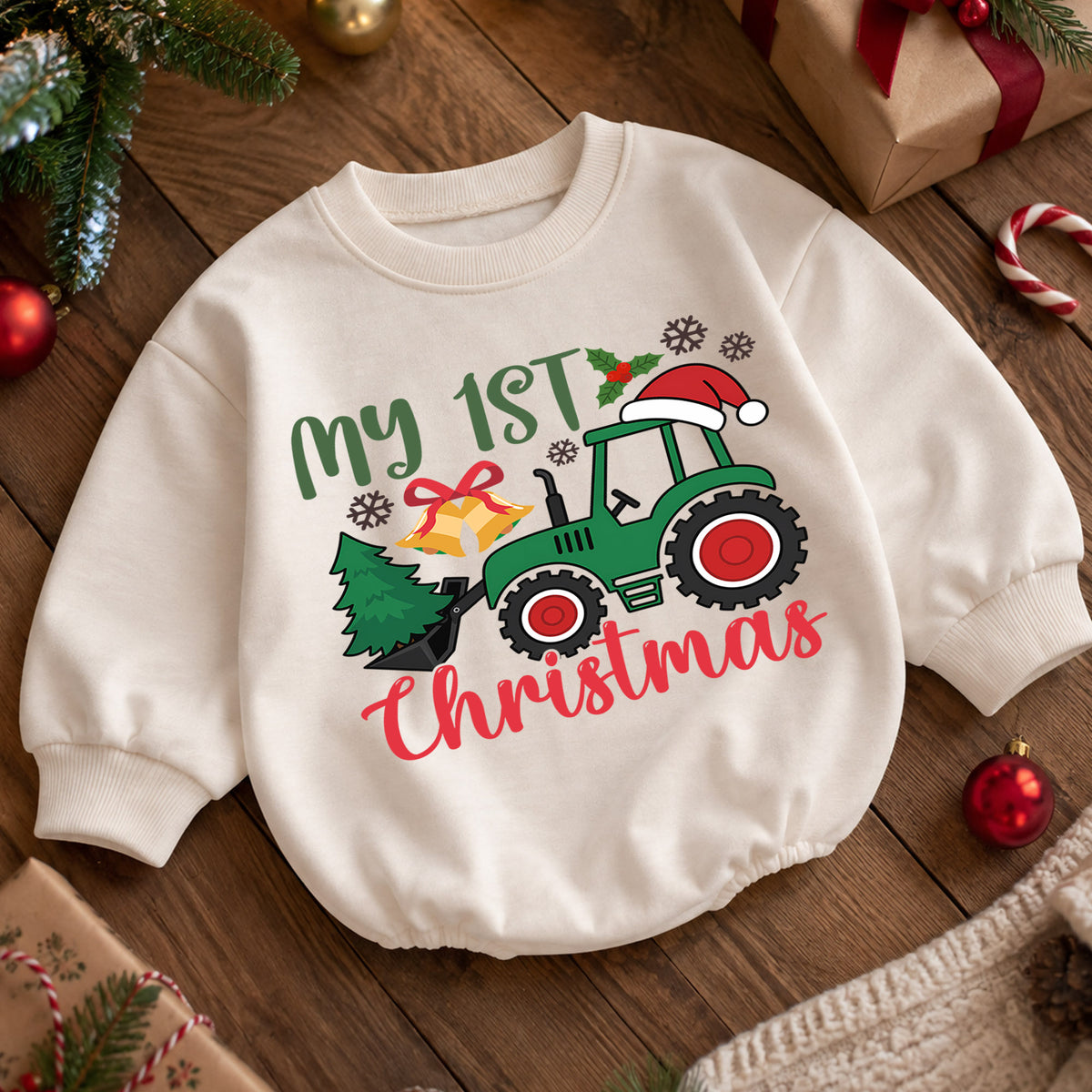 My 1st Christmas Tractor Romper, Farm Baby Christmas Outfit, First Christmas Romper for Boys, 1st Birthday Holiday Keepsake Gift — product view 5