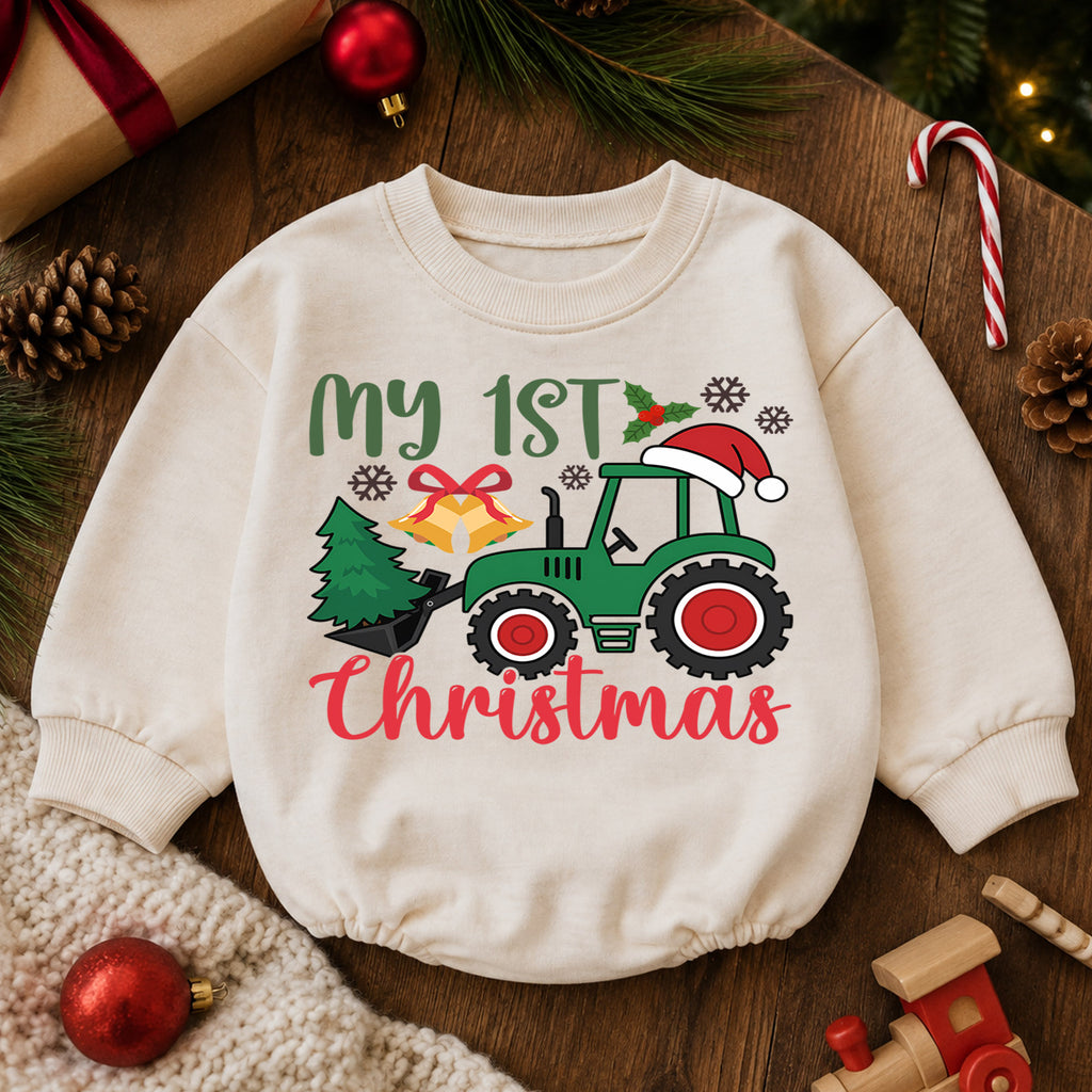 My 1st Christmas Tractor Romper, Farm Baby Christmas Outfit, First Christmas Romper for Boys, 1st Birthday Holiday Keepsake Gift — product view 6