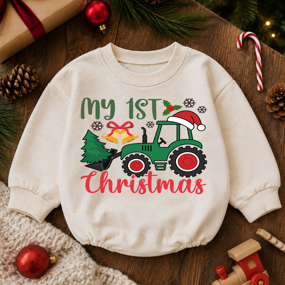 My 1st Christmas Tractor Romper, Farm Baby Christmas Outfit, First Christmas Romper for Boys, 1st Birthday Holiday Keepsake Gift — product view 6