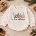 My First Christmas Tree Romper, Pink Leopard Baby Holiday Outfit, 1st Birthday Winter Gift, Baby Girl 1st Christmas Keepsake — product view 1