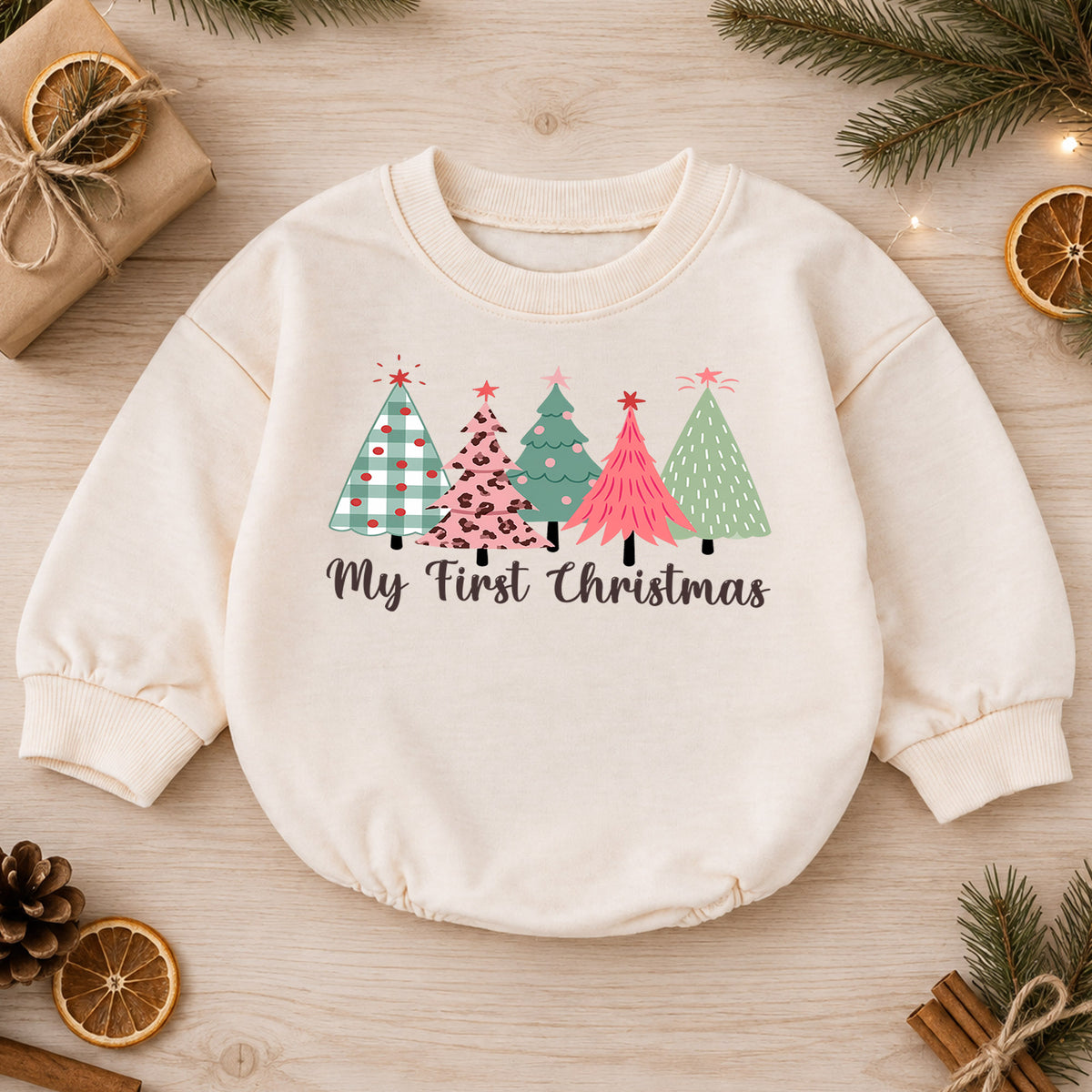 My First Christmas Tree Romper, Pink Leopard Baby Holiday Outfit, 1st Birthday Winter Gift, Baby Girl 1st Christmas Keepsake — product view 1