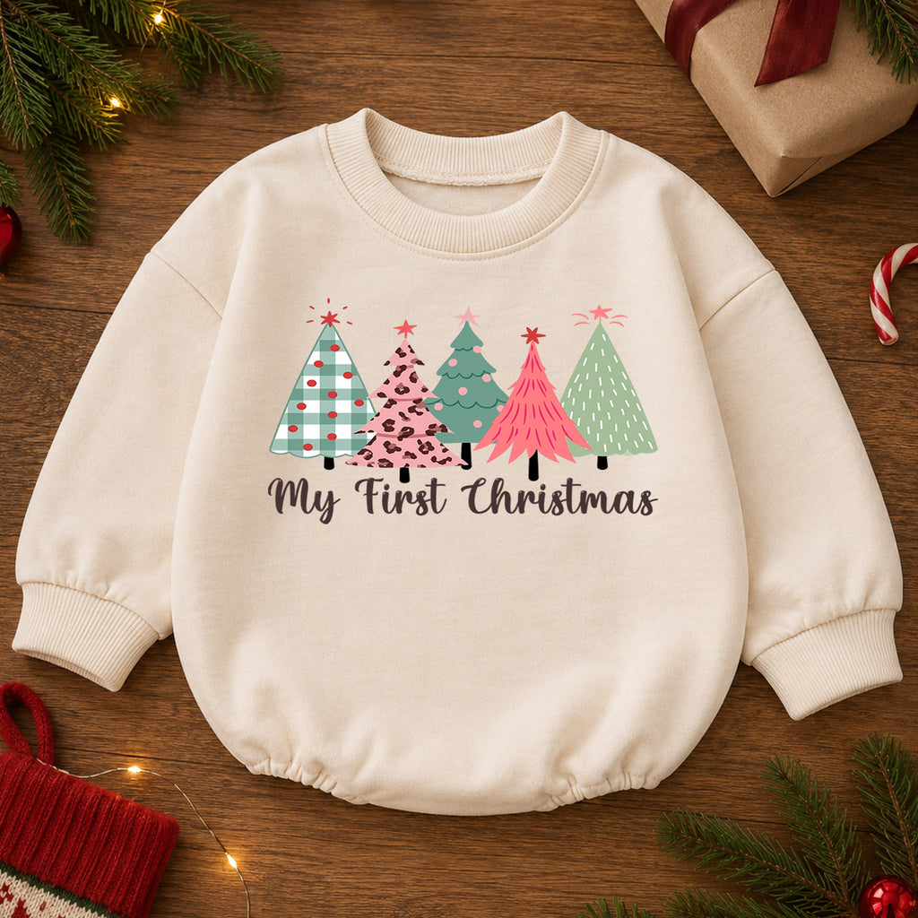 My First Christmas Tree Romper, Pink Leopard Baby Holiday Outfit, 1st Birthday Winter Gift, Baby Girl 1st Christmas Keepsake — product view 2